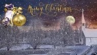 A festive ‘Merry Christmas‘ greeting card design featuring a magical snowy winter landscape at night, with a full moon, a charming church, and a silhouette of Santa's sleigh.