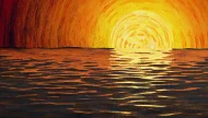 An expressive, textured painting of a vibrant golden and orange sunset over the ocean, with the large sun casting a brilliant reflection on the water's surface.