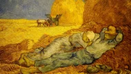 The famous oil painting ’Noon: Rest from Work (after Millet)', also known as 'The Siesta', by Vincent van Gogh, depicting two peasants napping against a large haystack in a golden wheat field during the midday heat.