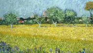 The famous oil painting 'View of Arles with Irises' by Vincent van Gogh, depicting a vibrant field of yellow flowers with purple irises in the foreground, and the French town of Arles visible in the distance.